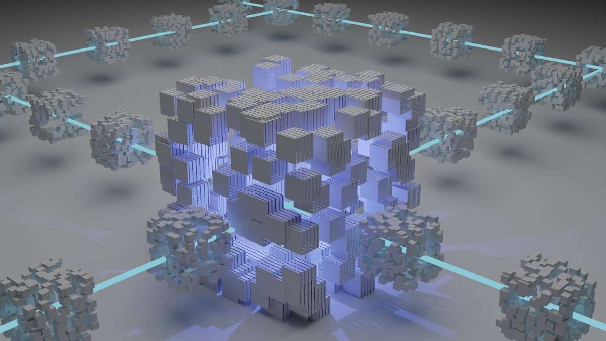 Dark abstract digital blocks representing agent-versus-agent cyber defence